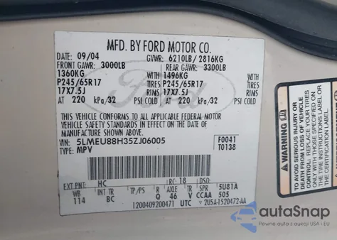 2005 Lincoln Aviator z USA, uszkodzony, nr VIN 5LMEU88H35ZJ06005